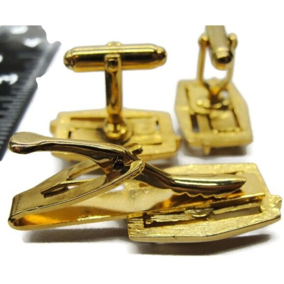 Cufflinks Set w Tie Clasp Gold Tone Emerald Cut Rhinestone Dress Suit Vintage - Picture 8 of 9